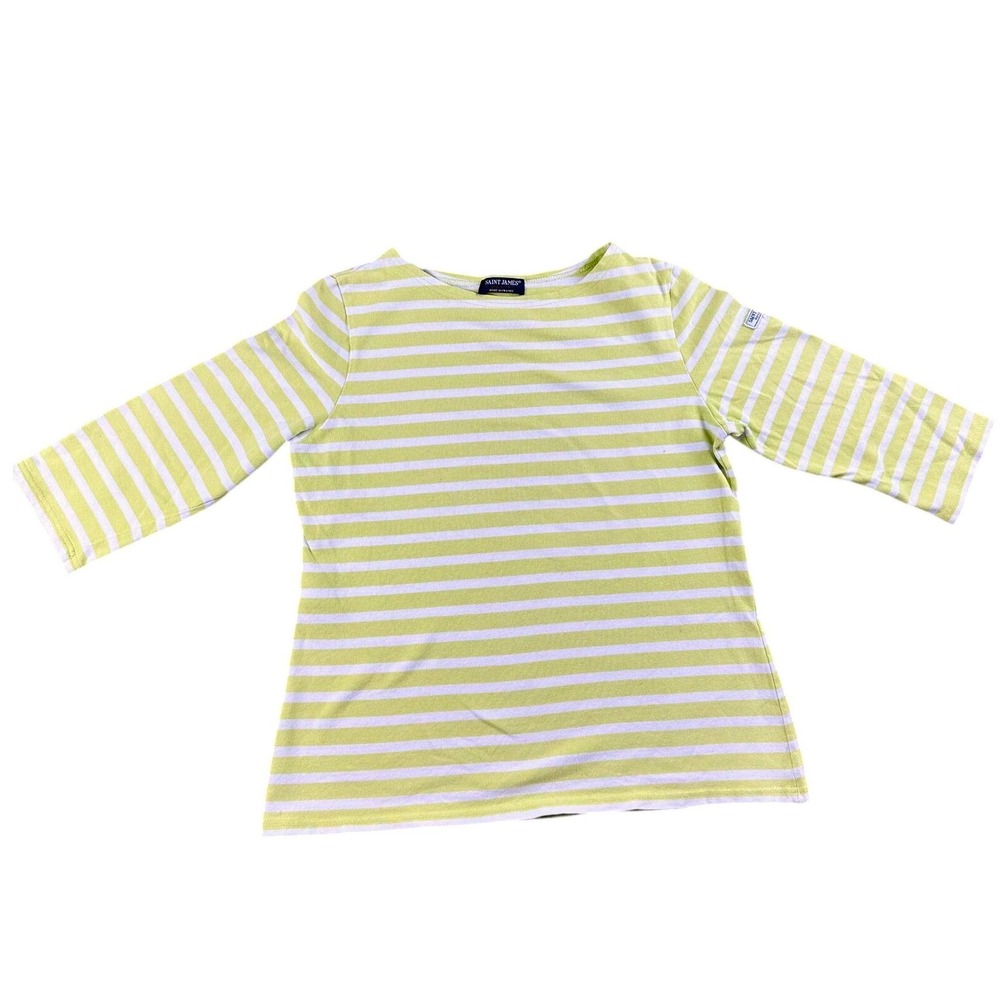 Saint James Shirt Women 8 Lime‎ Yellow White Striped Boat Neck 3/4 Sleeve